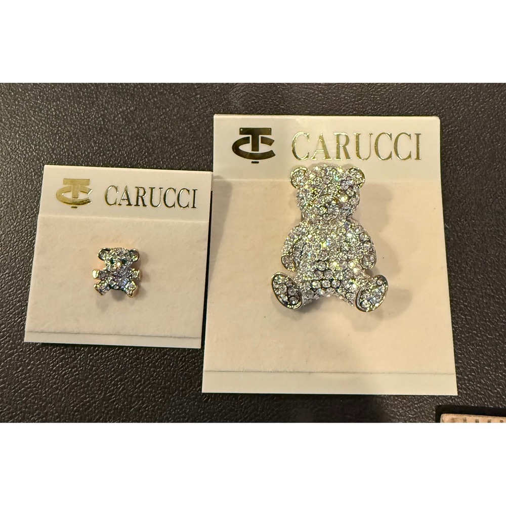 Womens Brooch & Pin Set Silver Gold Tone Teddy Bear Rhinestone Crystal 2pc NEW